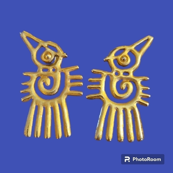 VTG 1986 JJ Jonette Matte Goldtone Aztec Modernist Bird Post Earrings - Picture 1 of 6